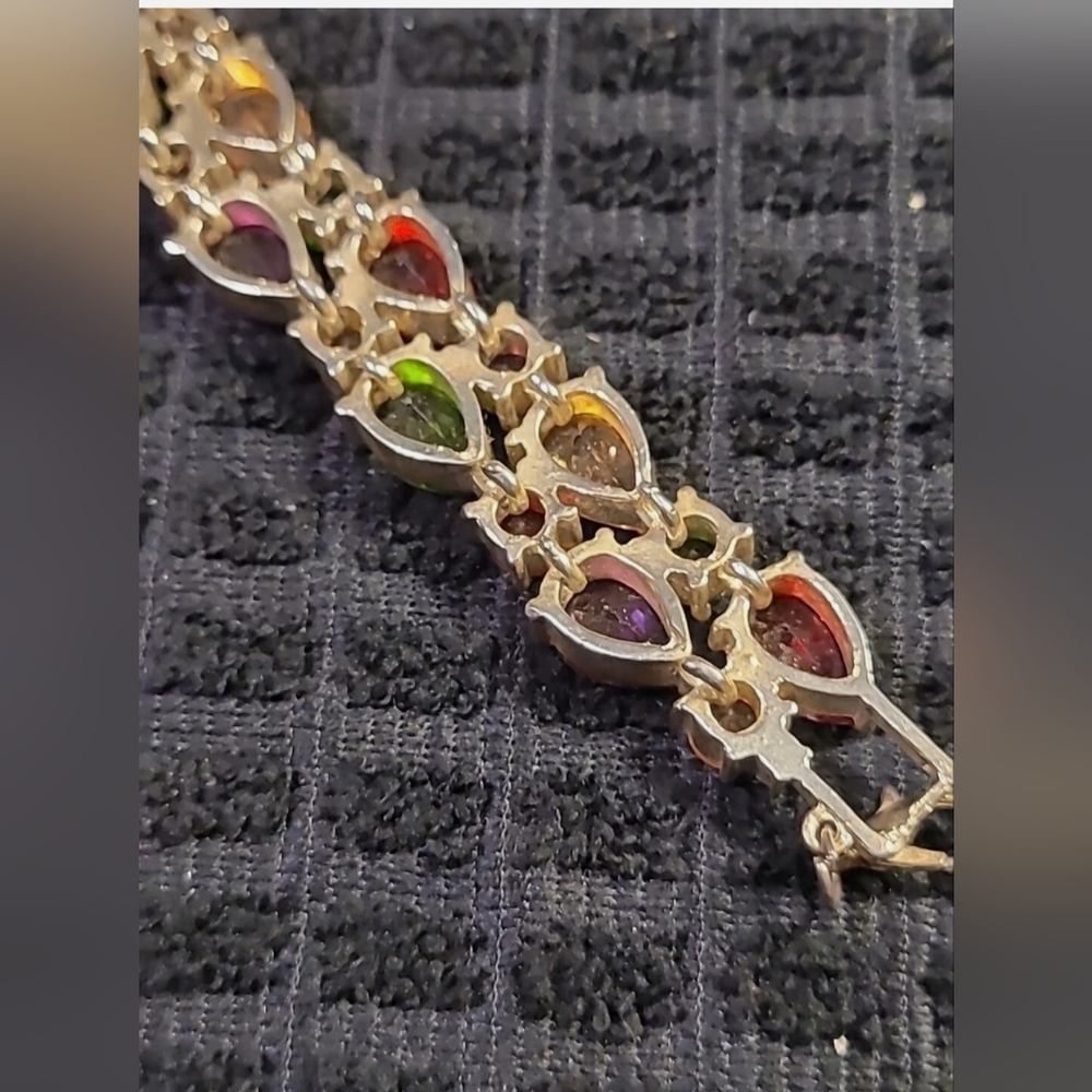 Large Bling Multi-Colored Glass Gem Stones Teardrop 7" Silver Bracelet 1/2" - Picture 3 of 7